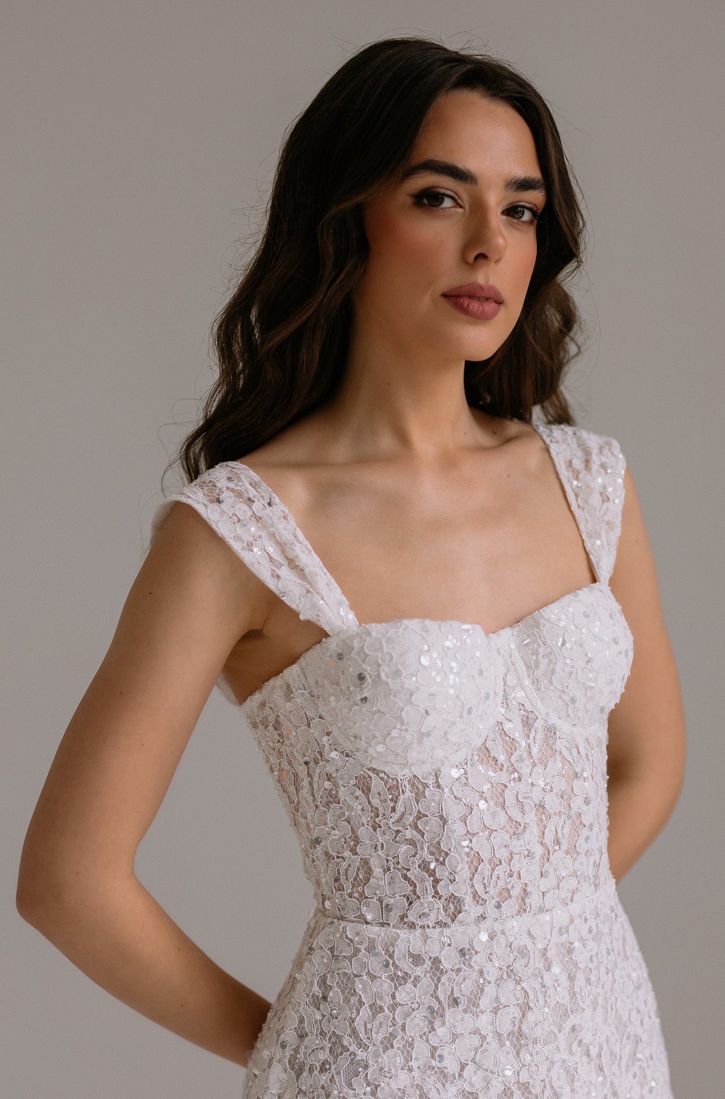 Mila dress detail view showing
front elements. Perfect as bridal shower dress or, wedding party dress.