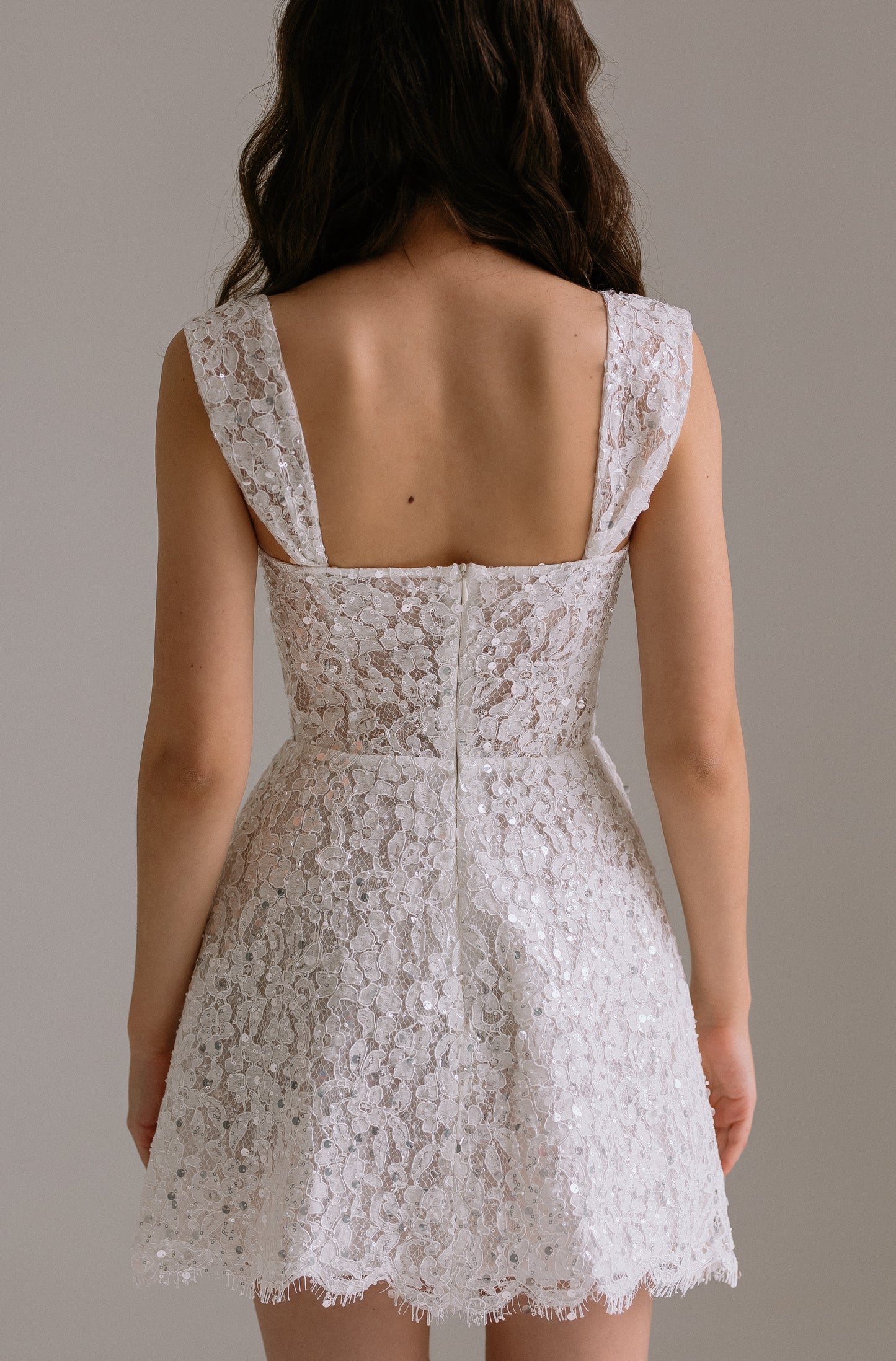 Mila dress detail view showing back details. Perfect as bridal shower dress or, wedding party dress.