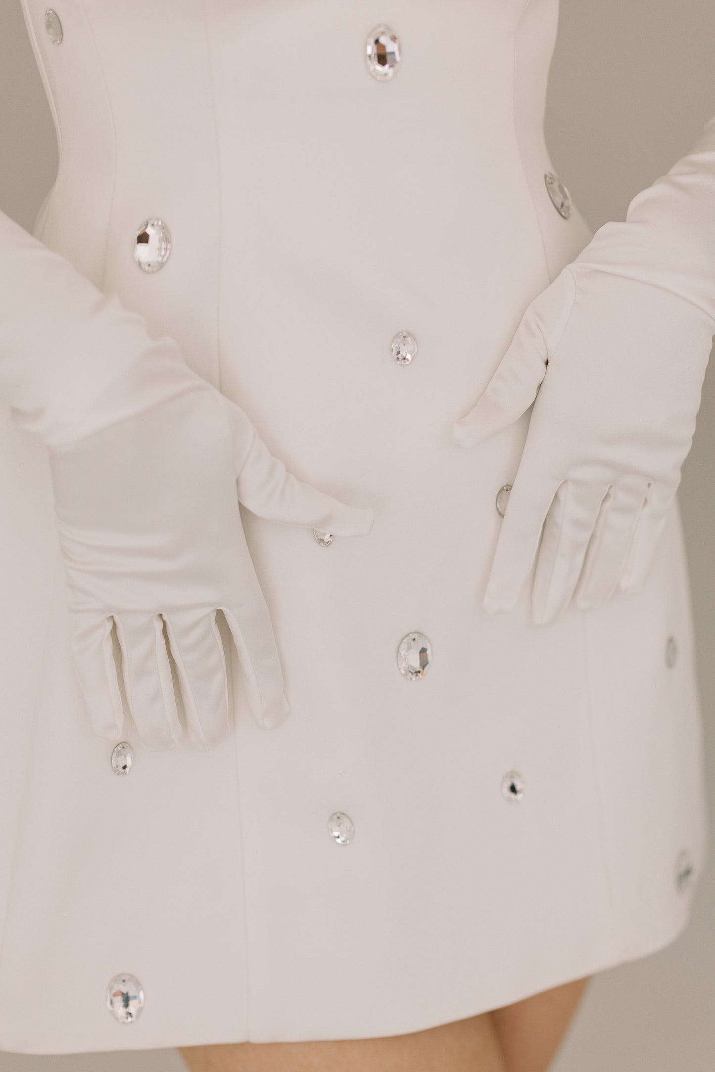 Everly dress premium heavy satin fabric detail with sparkling Swarovski crystal work and gloves
