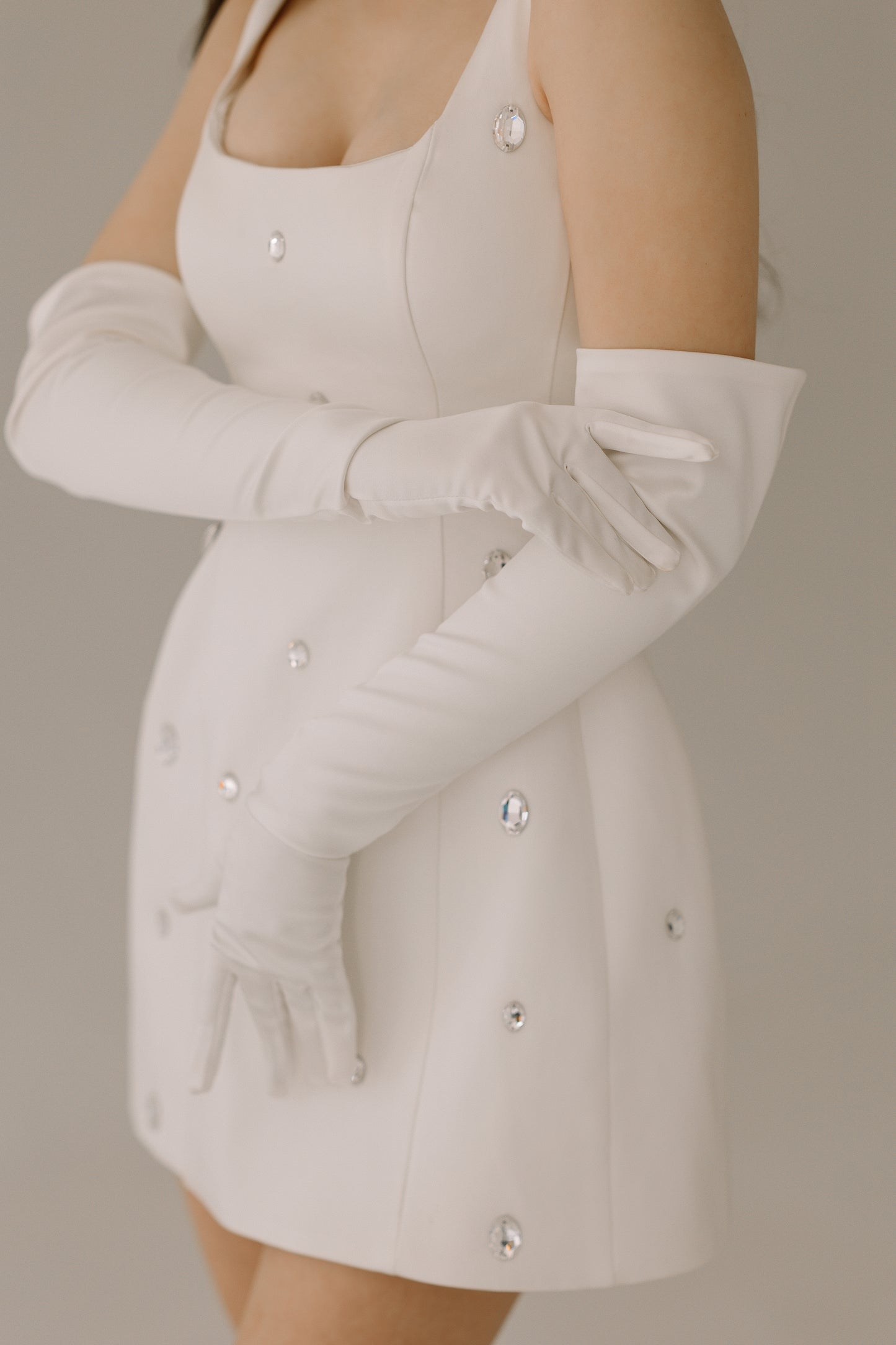 Everly matching maxi gloves adding sophisticated charm to bridal ensemble