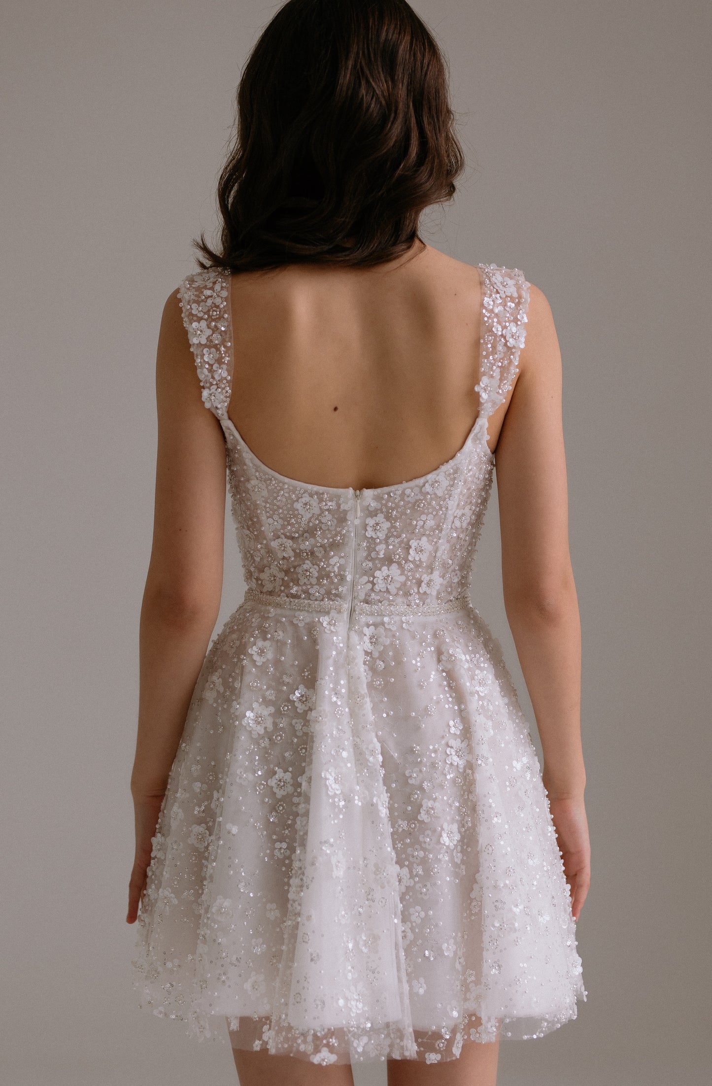 Carrie wedding reception dress back view. Perfect as engagement dress, after party wedding dress or bridal shower dress.