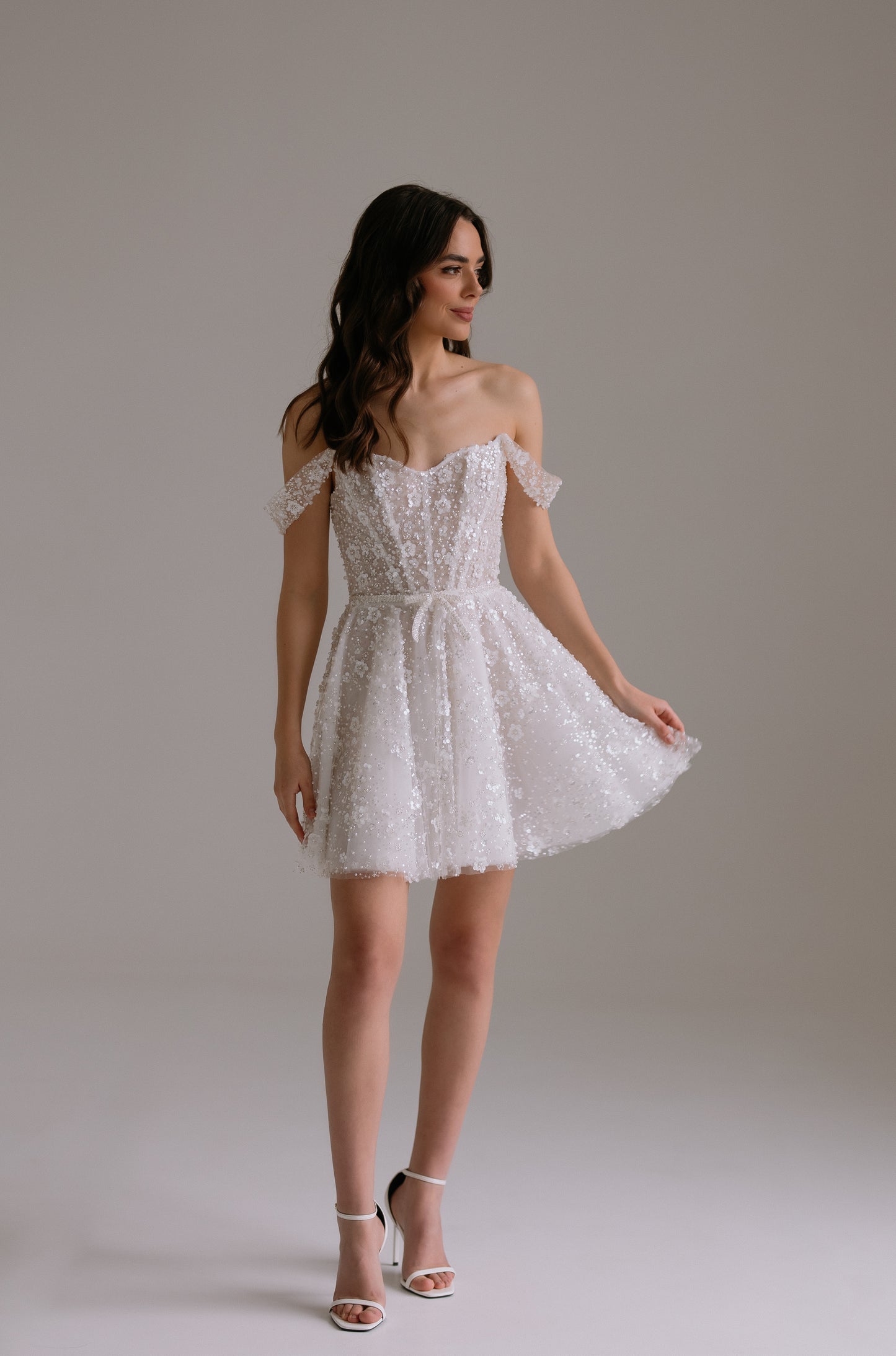 Carrie wedding reception dress full body view showing A-line skirt silhouette. Perfect as engagement dress, after party wedding dress or bridal shower dress.