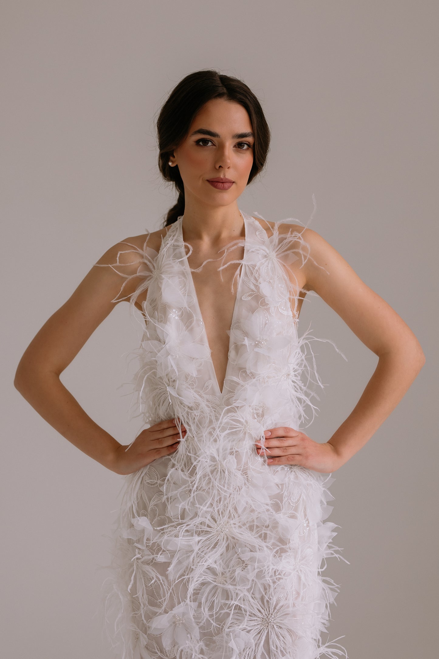 Wedding reception dress Lillian close front view showing bodice details, perfect for rehearsal dinner or engagement party