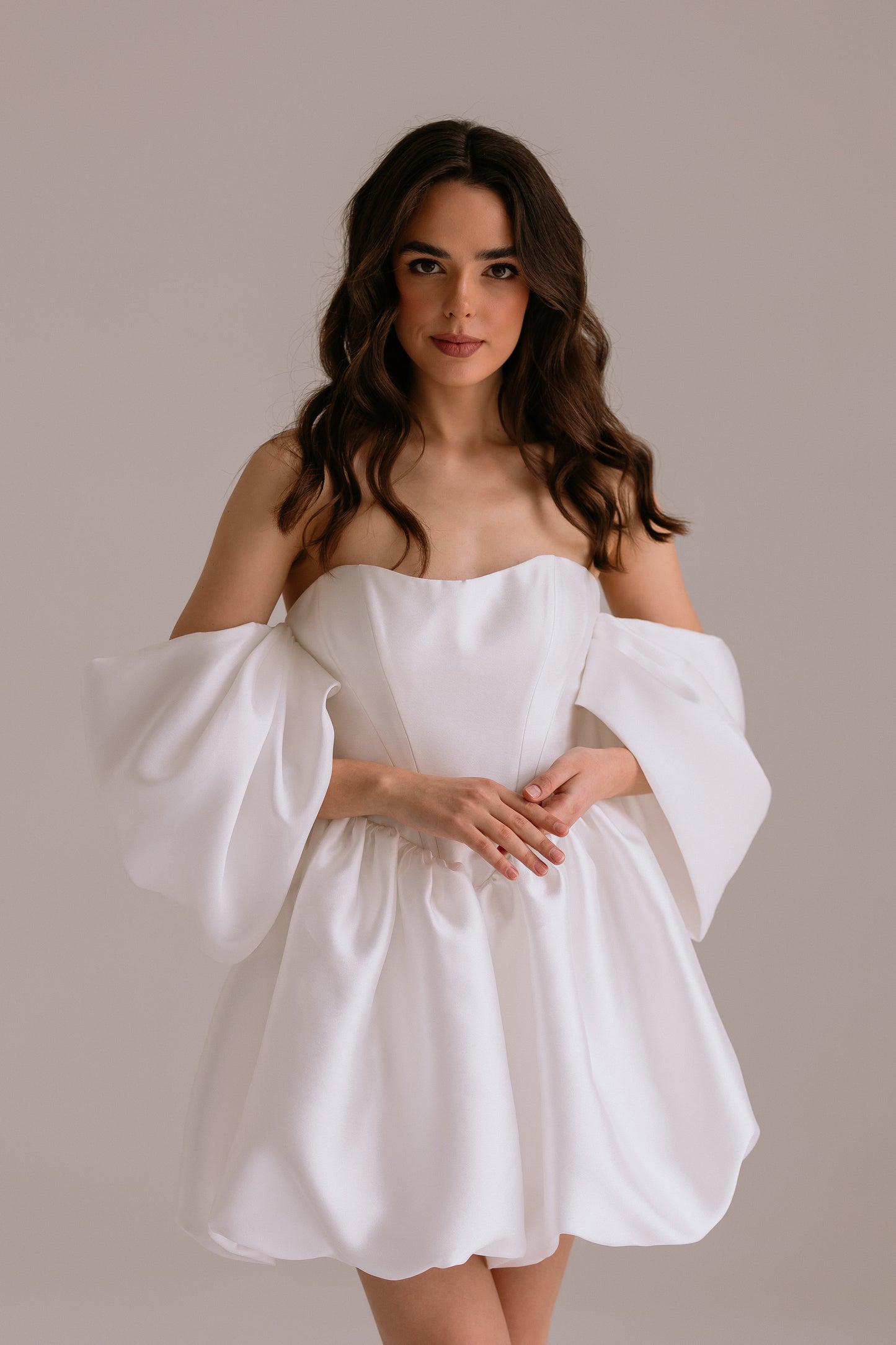 Bianca dress corset top detail with romantic off-shoulder sleeves