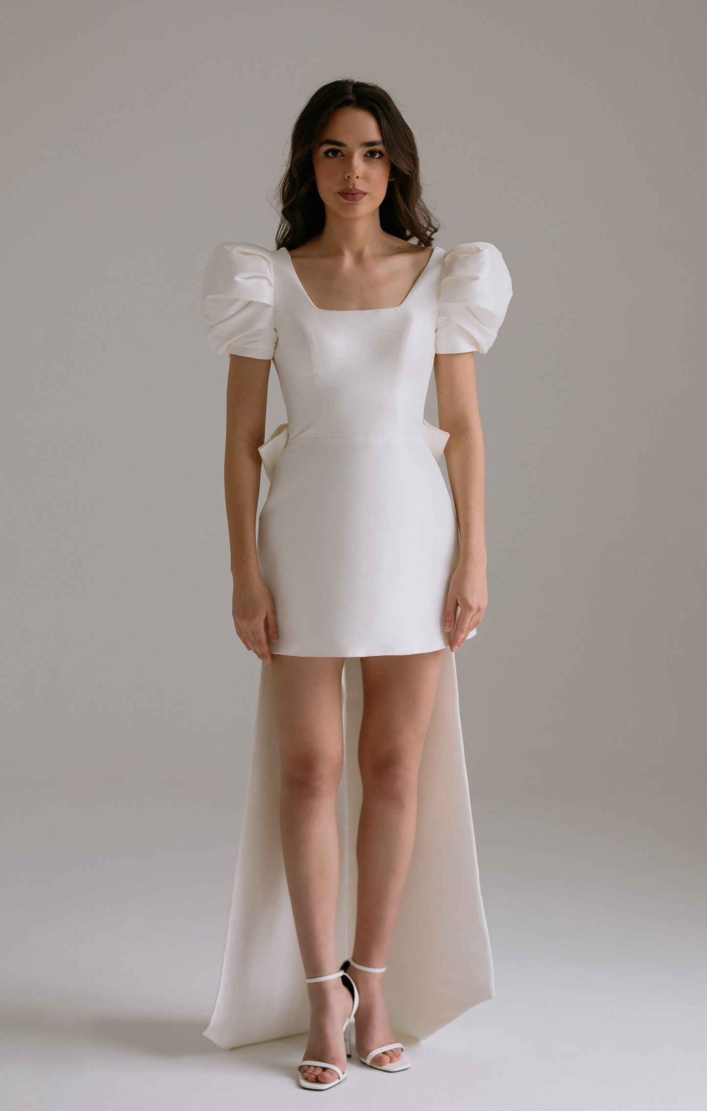 Leonie modern wedding dress in soft Mikado with statement detachable bow and train