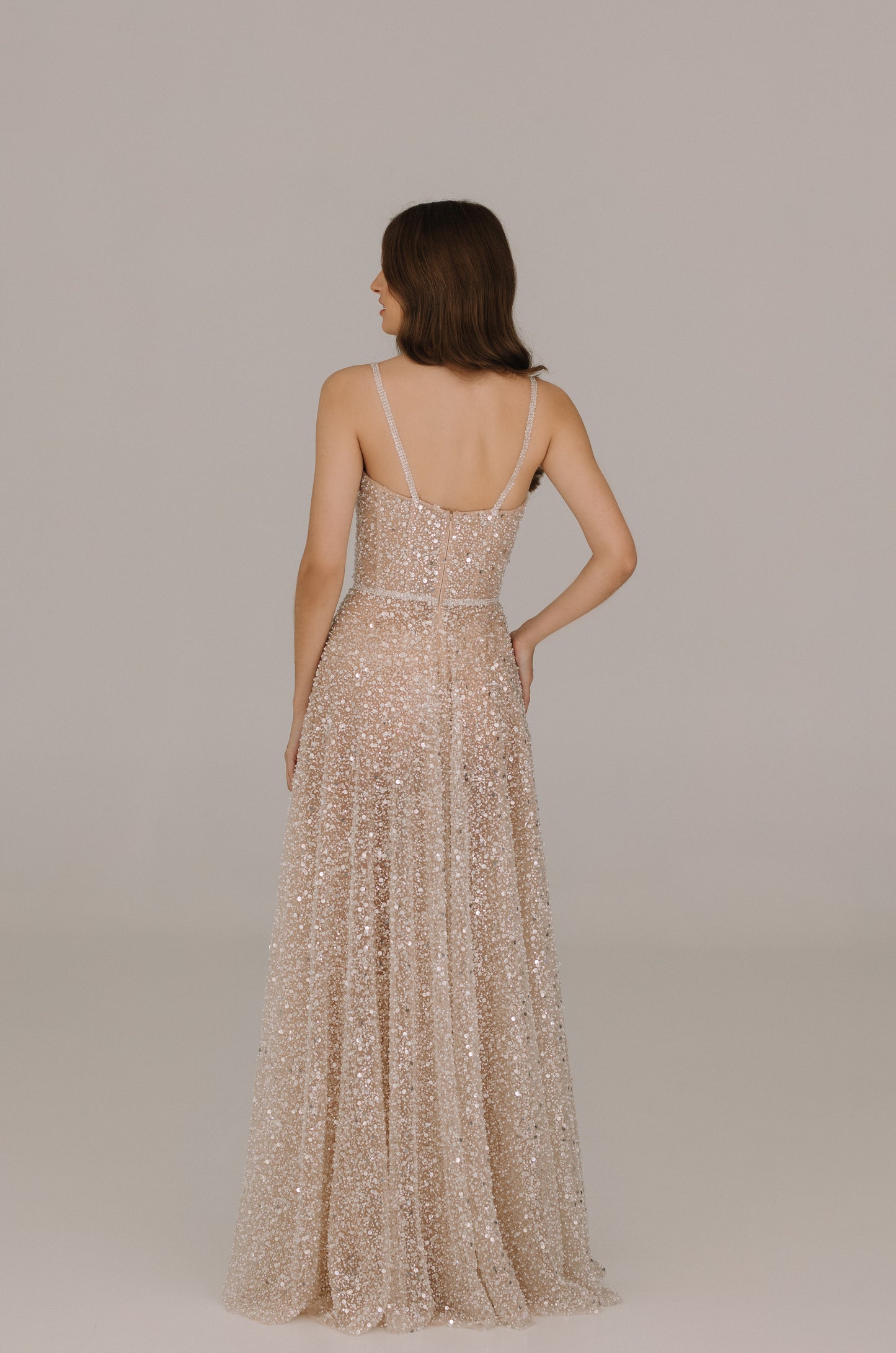 Celine dress back view showing sophisticated design with delicate straps and embellished fabric