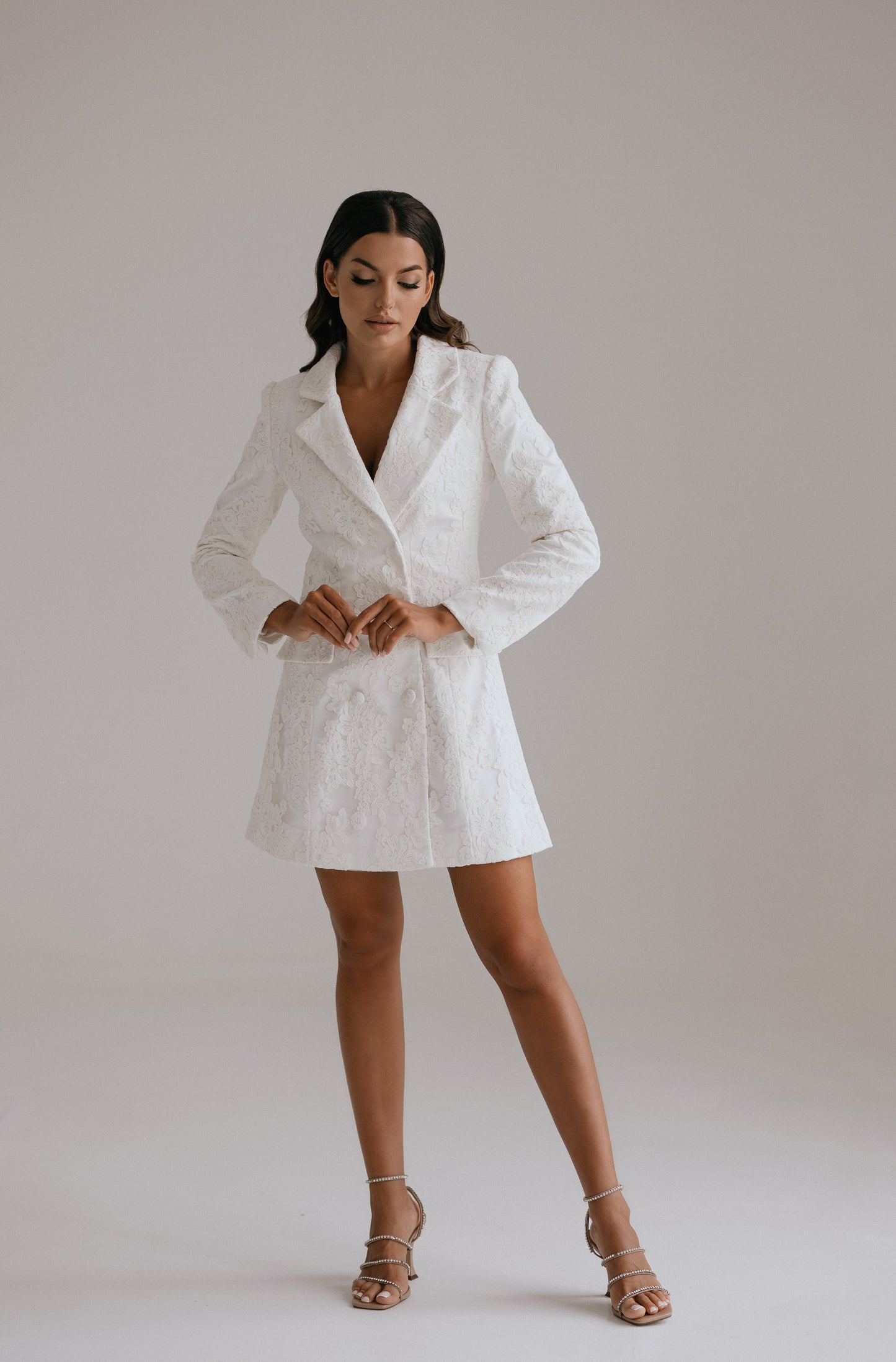 Maeve blazer dress in premium heavy satin with lace details perfect for bridal and special occasions