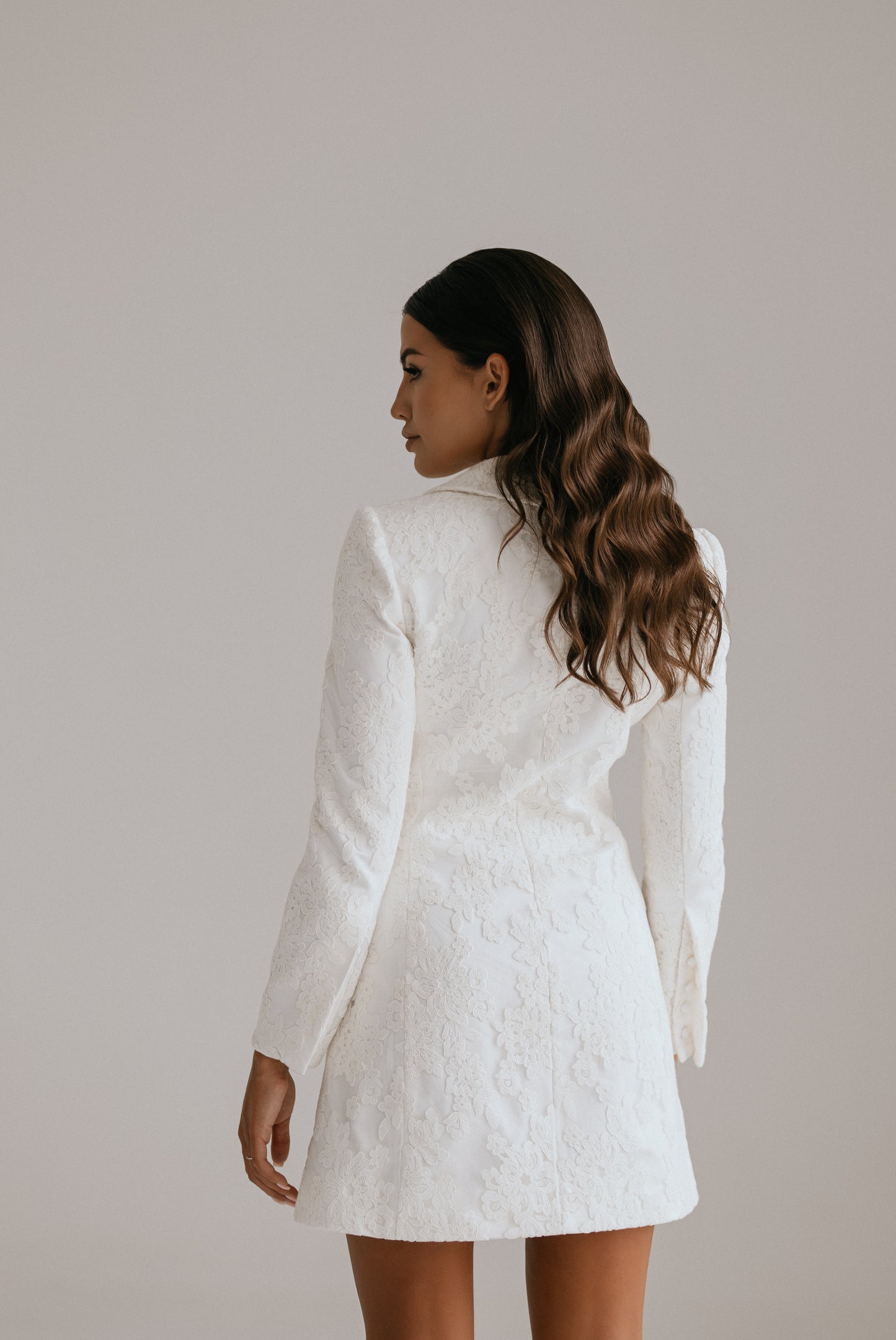 Maeve blazer dress back view showing sophisticated structured design in heavy satin
