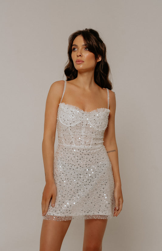 Celia white mini wedding dress perfect for bridal shower and wedding party celebrations