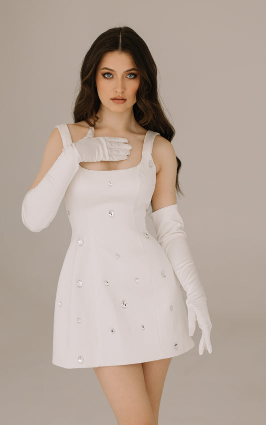 Everly heavy satin dress with Swarovski crystals and matching maxi gloves for elegant bridal celebrations
