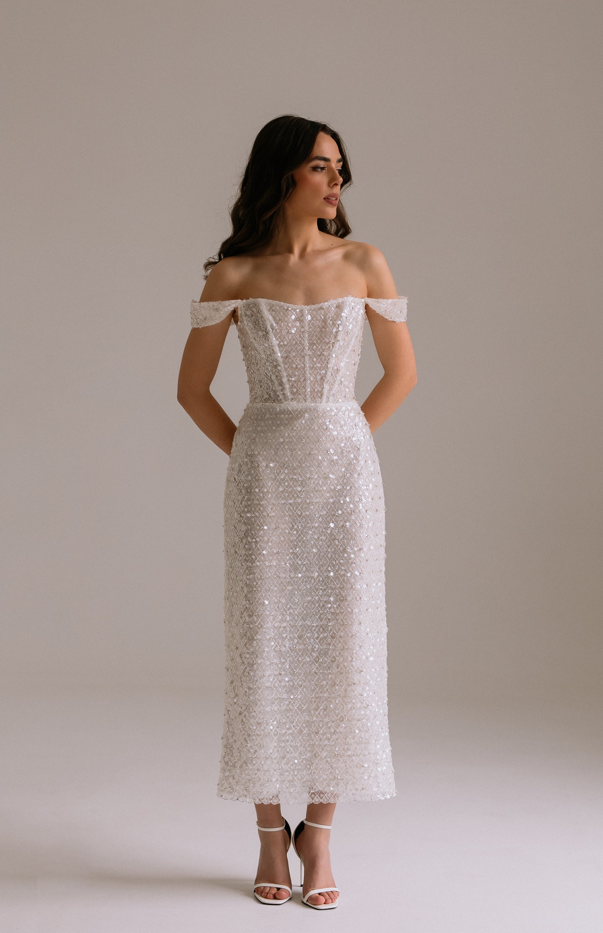 wedding reception dress Luna full height view. perfect as rehearsal dinner dress or engagement dress