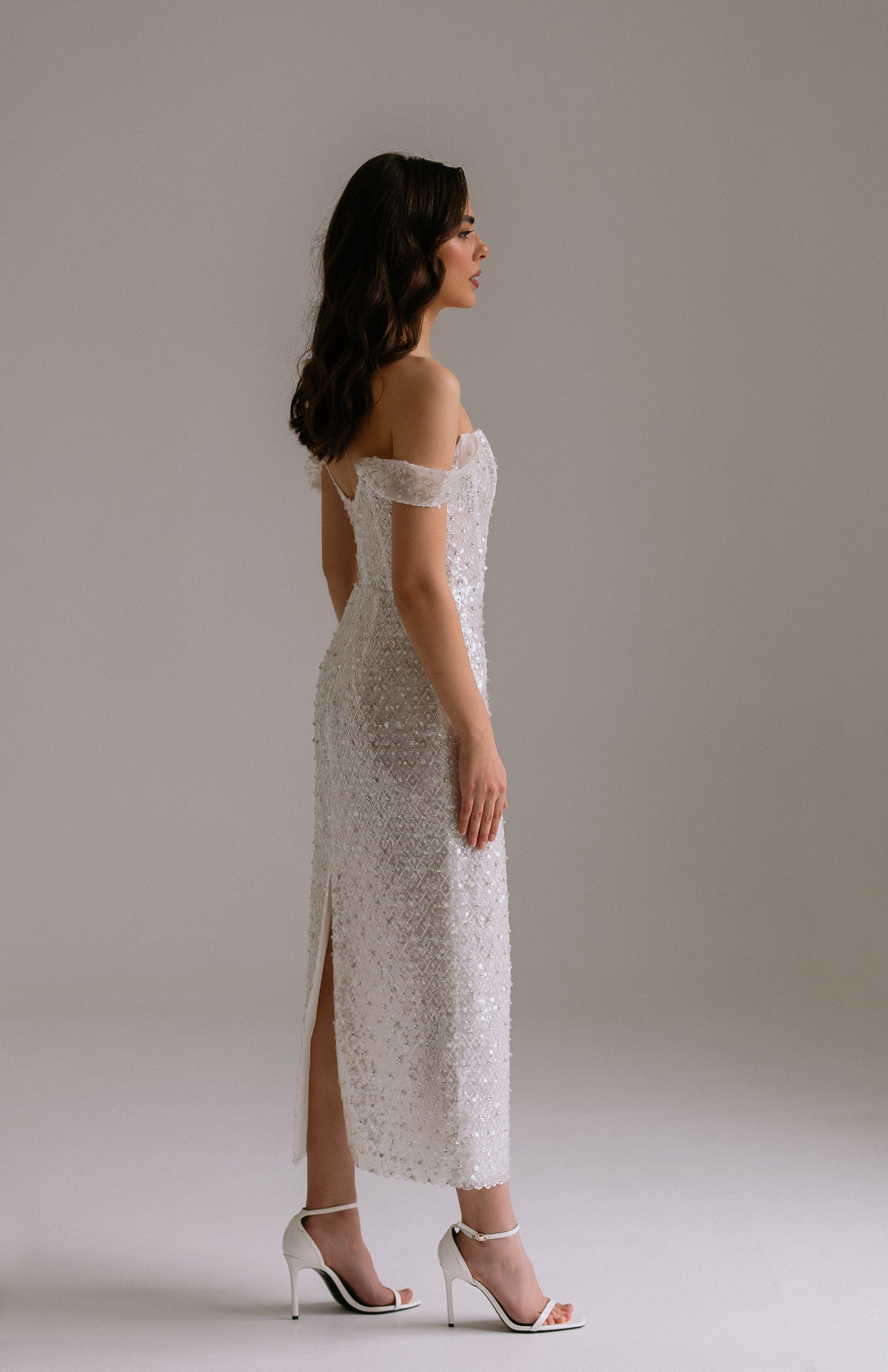 wedding reception dress Luna side view. perfect as rehearsal dinner dress or engagement dress.
