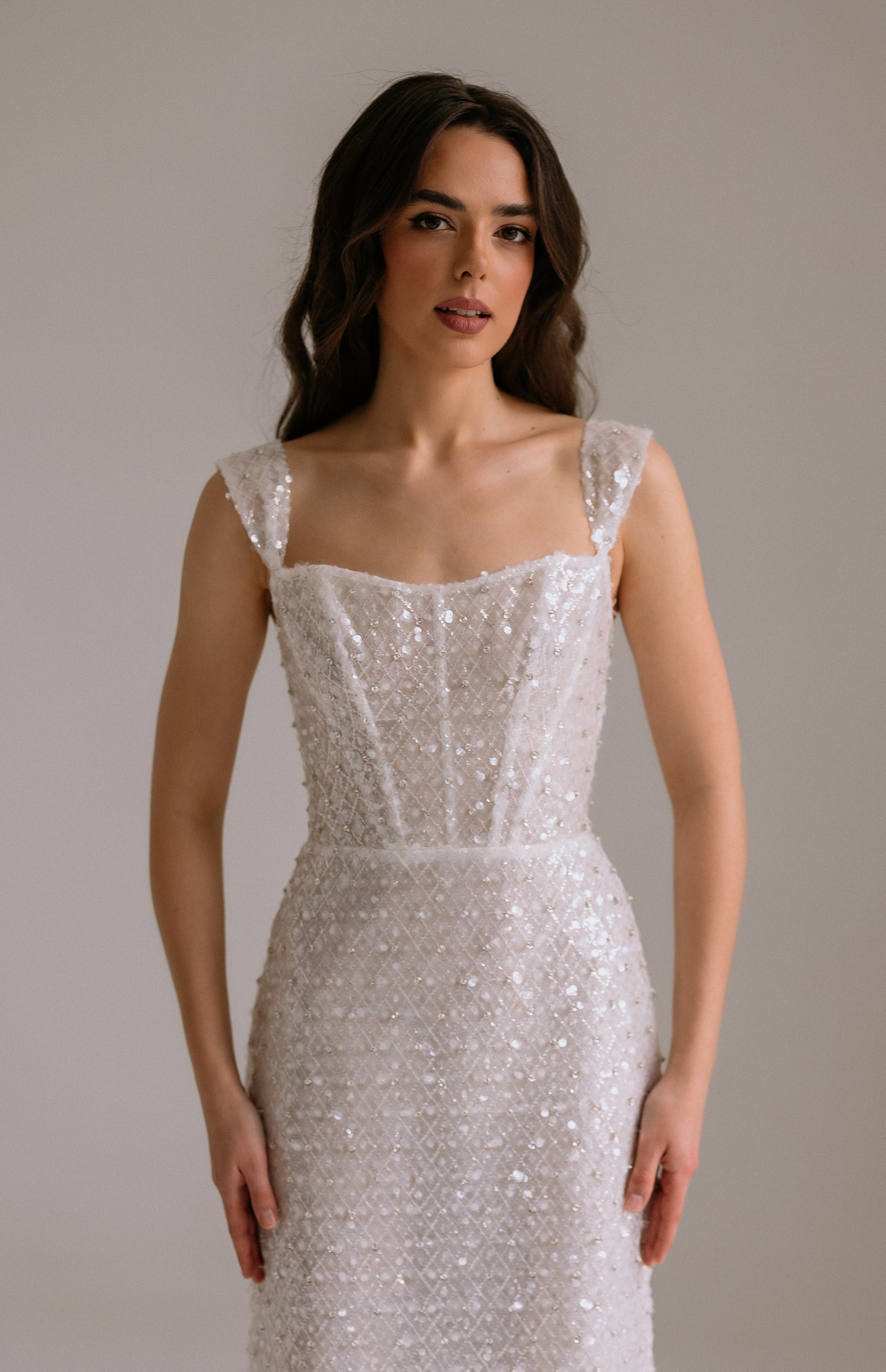 wedding reception dress Luna front view perfect as rehearsal dinner dress or engagement dress.