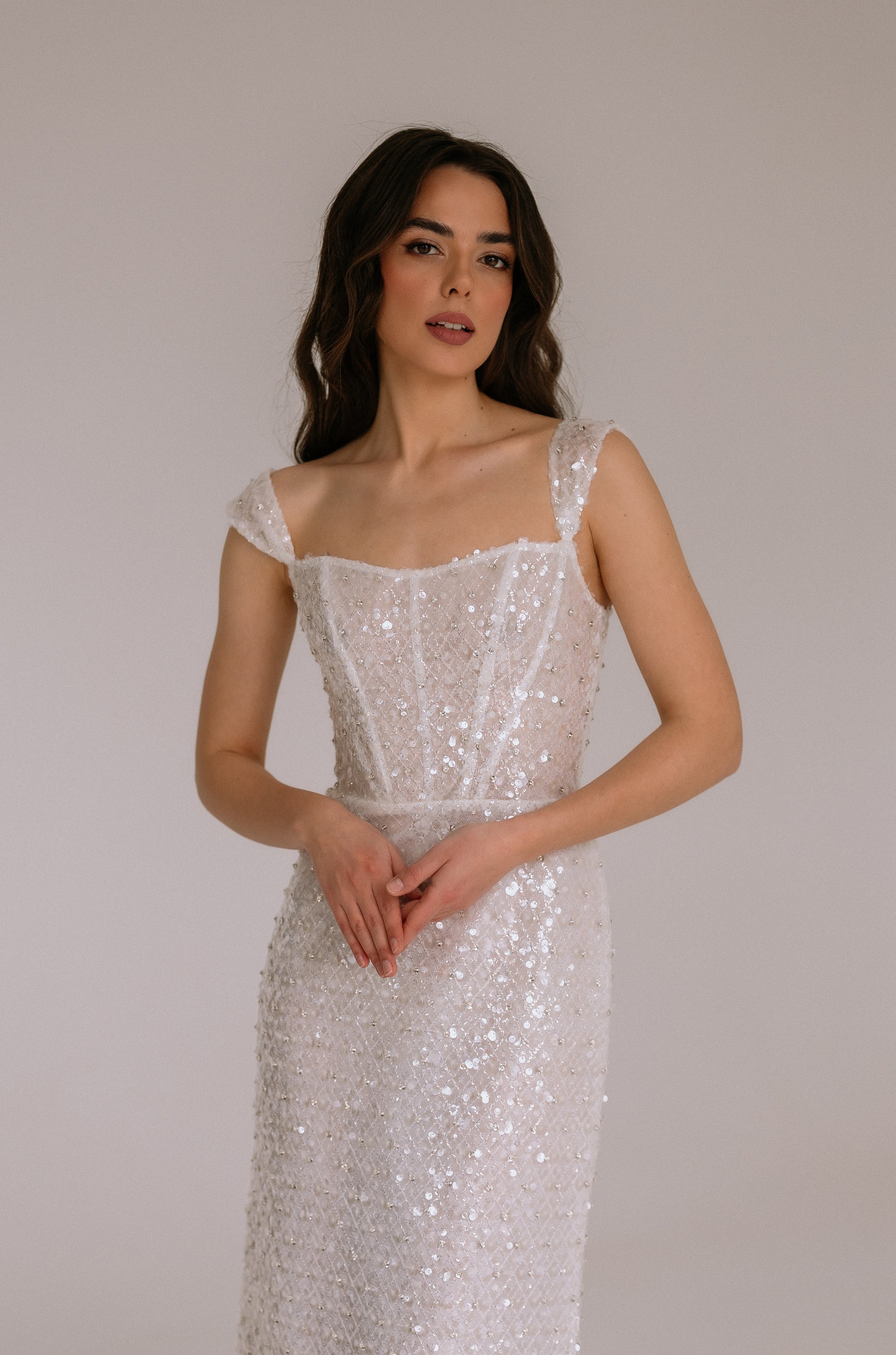 wedding reception dress Luna close front view showing sophostocated bodice elements . perfect as rehearsal dinner dress or engagement dress.