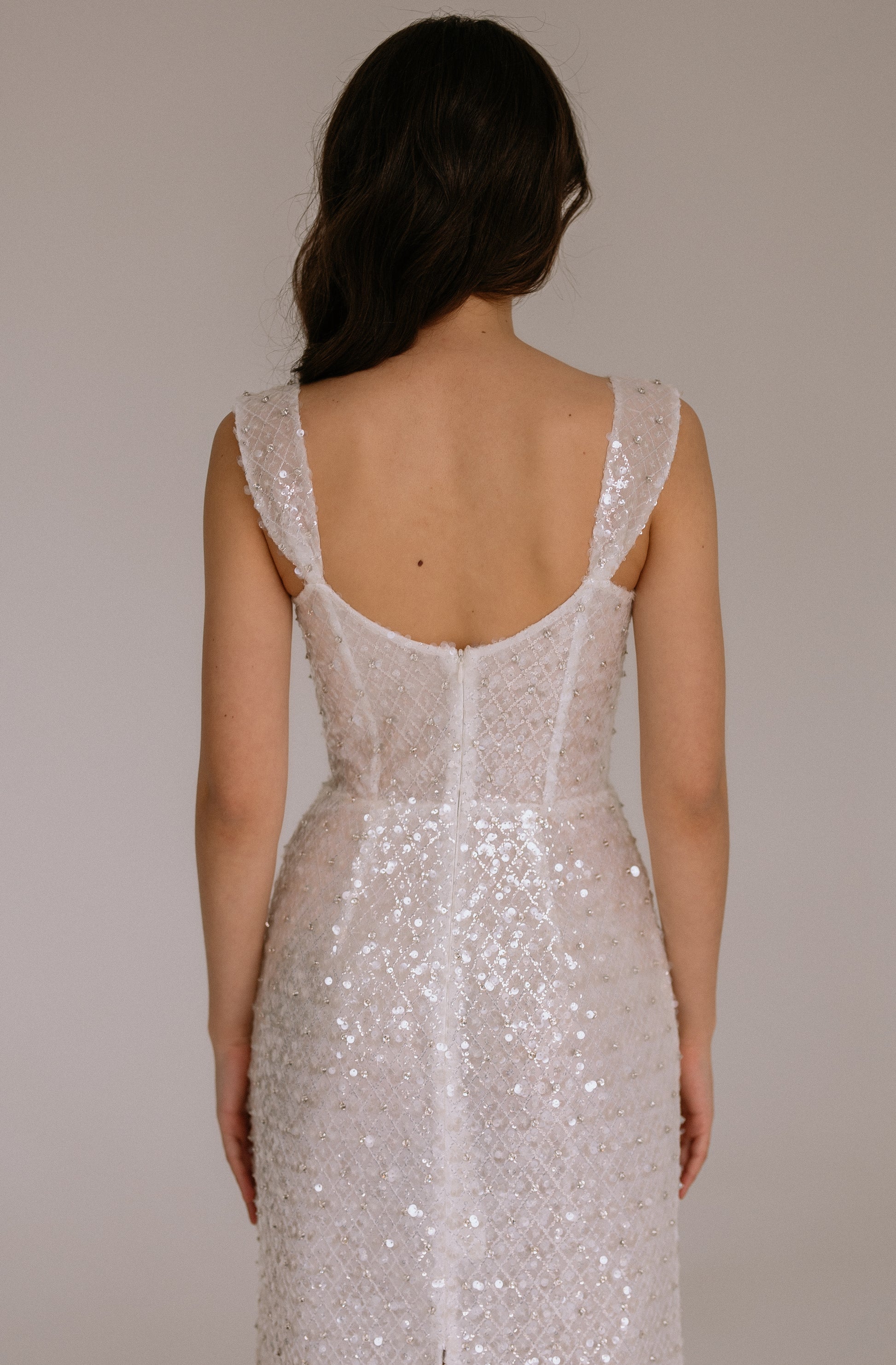 Luna midi wedding dress close back view.  Perfect as rehearsal dinner dress, wedding party dress or engagement dress.