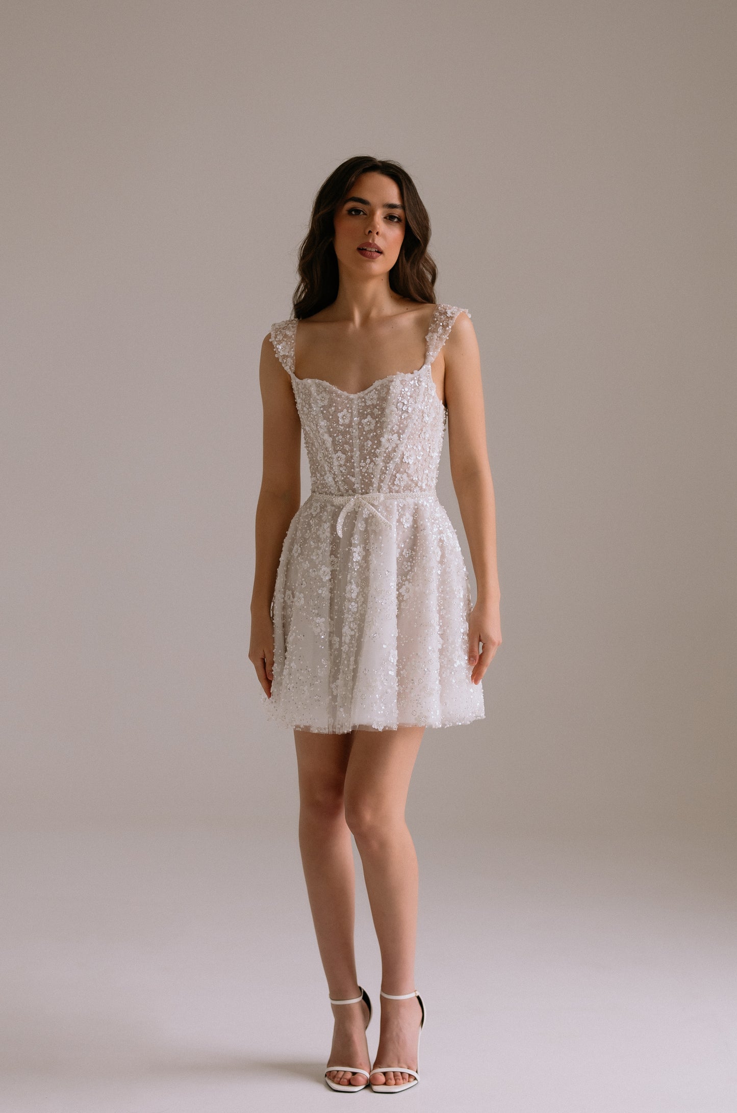 Carrie short wedding dress perfect as engagement dress, after party wedding dress or bridal shower dress.