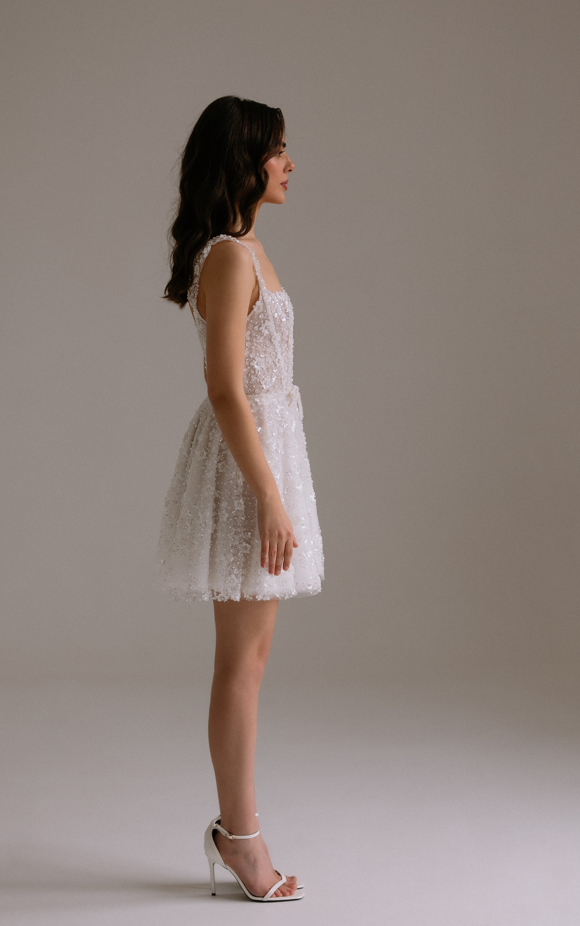 Carrie short wedding dress side view. Perfect as engagement dress, after party wedding dress or bridal shower dress.