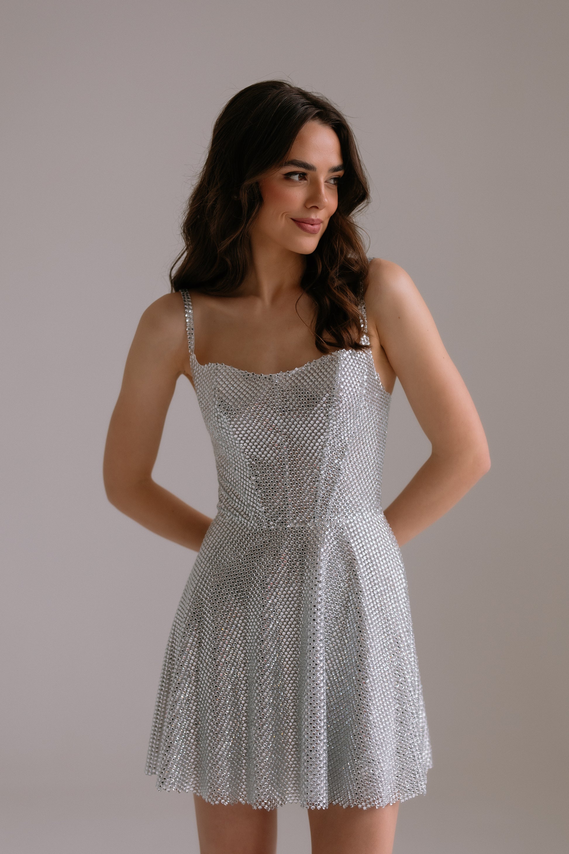 Aurora crystal embellished dress with structured top and A-line skirt perfect for bridal celebrations
