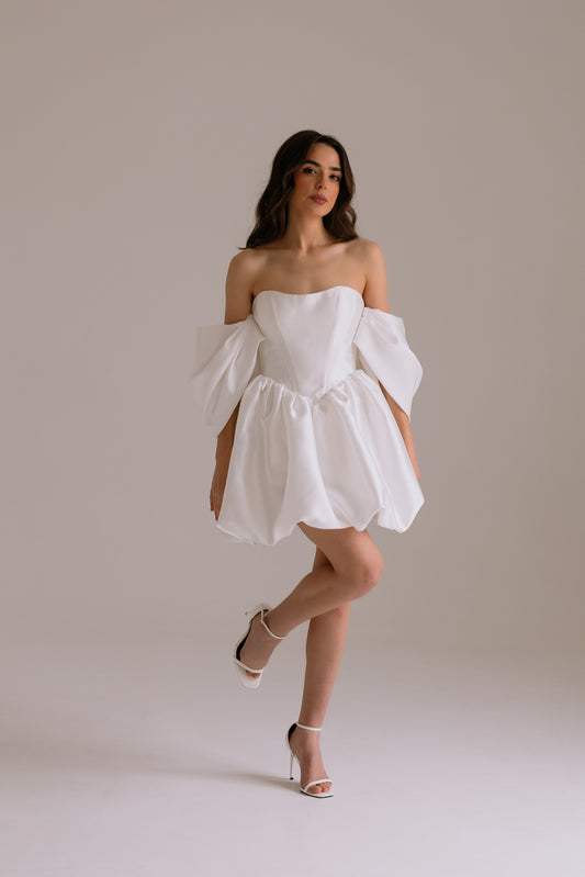 Bianca drop waist wedding dress in luxurious Mikado fabric with structured voluminous skirt
