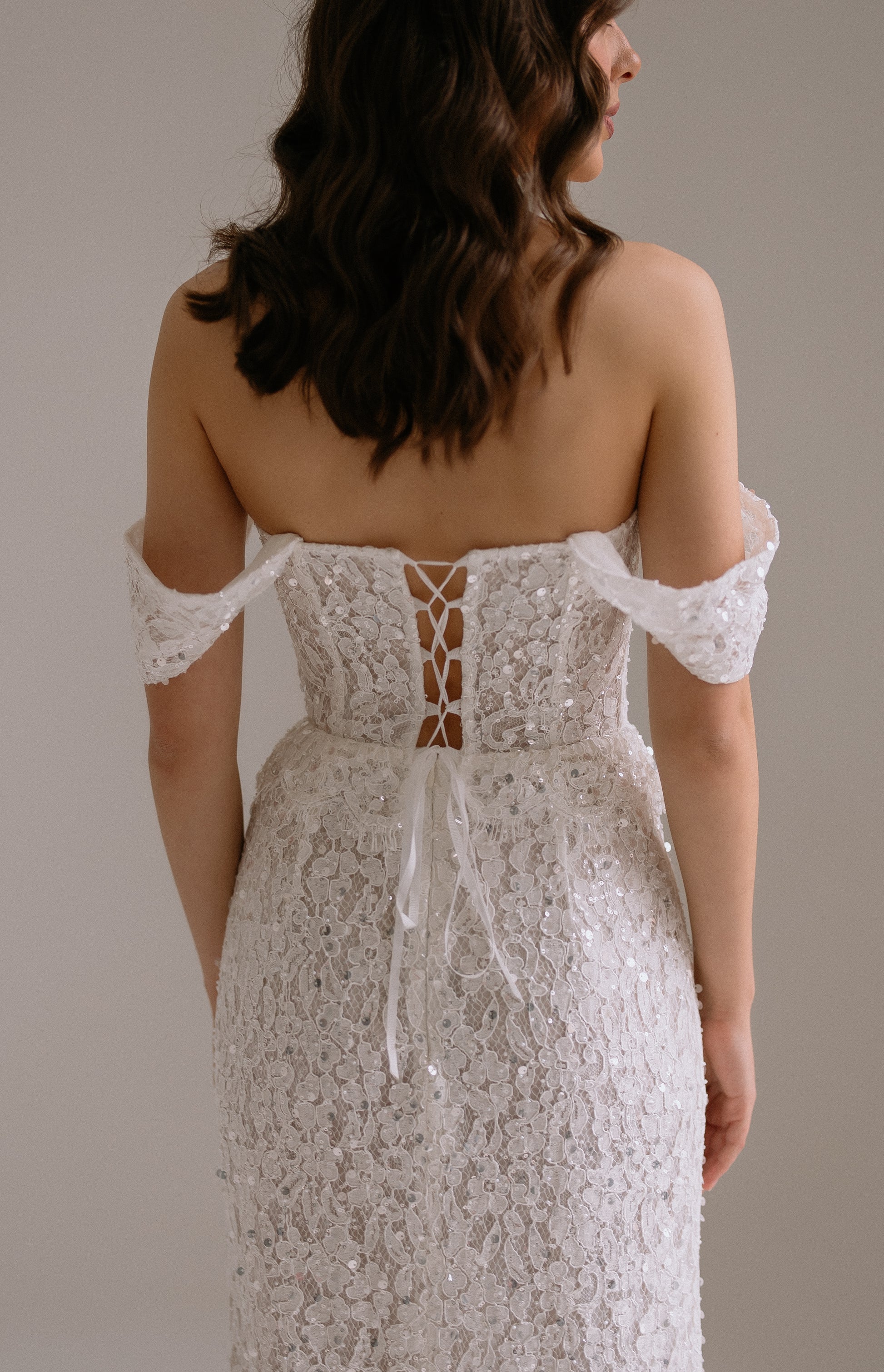 Alessia two piece set close back view showing romantic lace up corset 