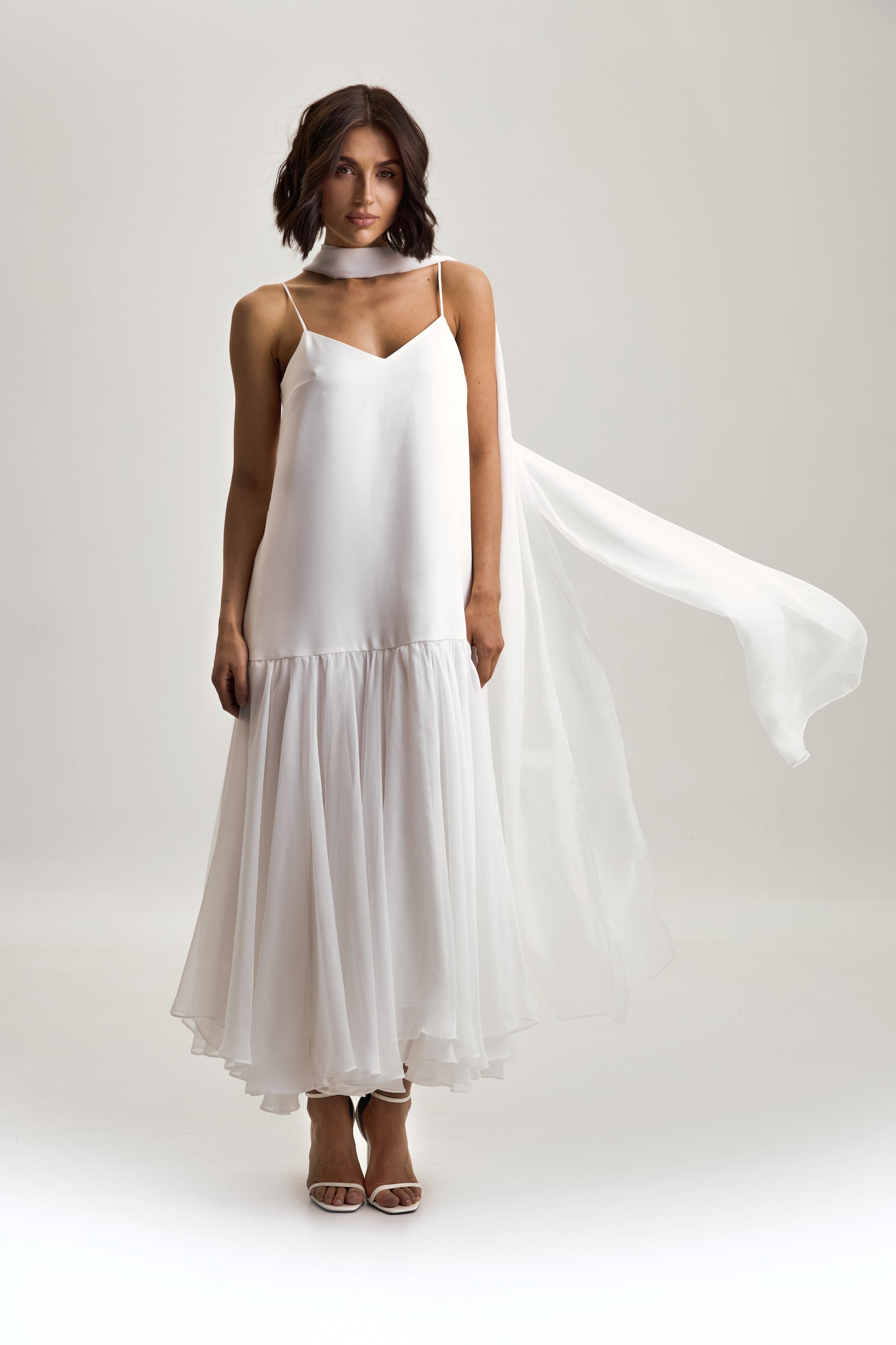 rehearsal dinner dress with scarf The Harper Gown, paired with our Claire Lace Neck Scarf. An unexpected addition of lace to elevate your minimalist bridal look