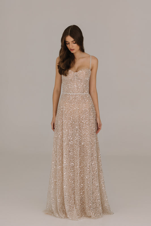 Celine dress adorned with sequins pearls and beads featuring elegant belt and straps for bridal celebrations
